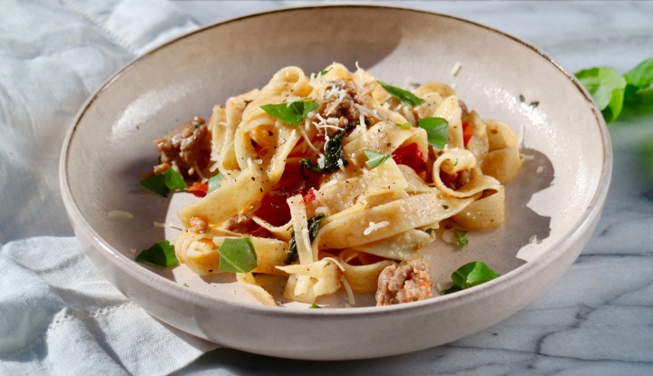 Fettuccine with sausage, tomatoes and sage